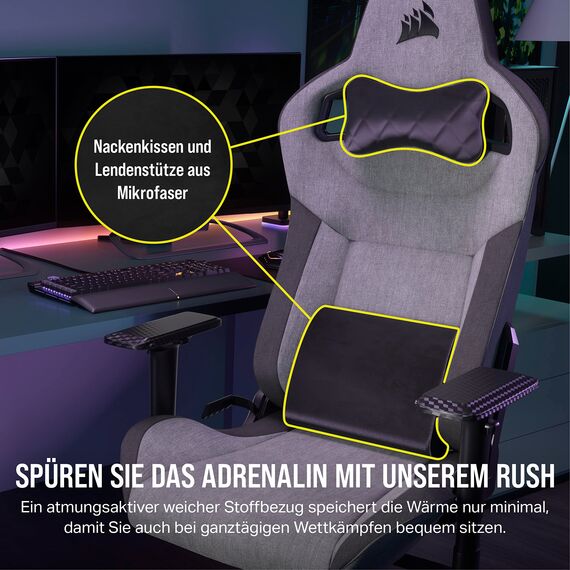 Corsair T3 Rush Gaming-Stuhl mit Stoffbezug (2023), Vom Rennsport inspiriertes Design, Gepolstertes Nackenkissen, Lendenstütze aus Memory-Schaumstoff, Schwarz und Holzkohle