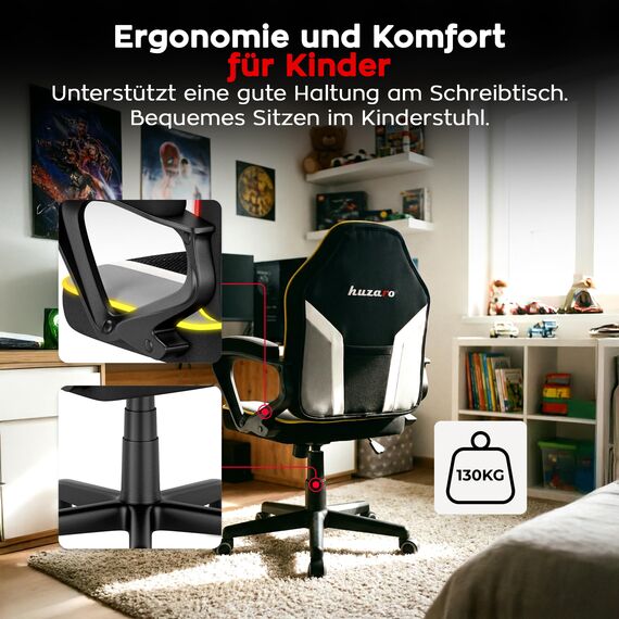 huzaro Ranger 1.0 RGB Kinderschreibtischstuhl mit LED-Beleuchtung - ergonomischer Drehstuhl für Lernen und Spielen - höhenverstellbar für Kinder 80–150 cm - atmungsaktiver Stoff - leise Rollen - Grau