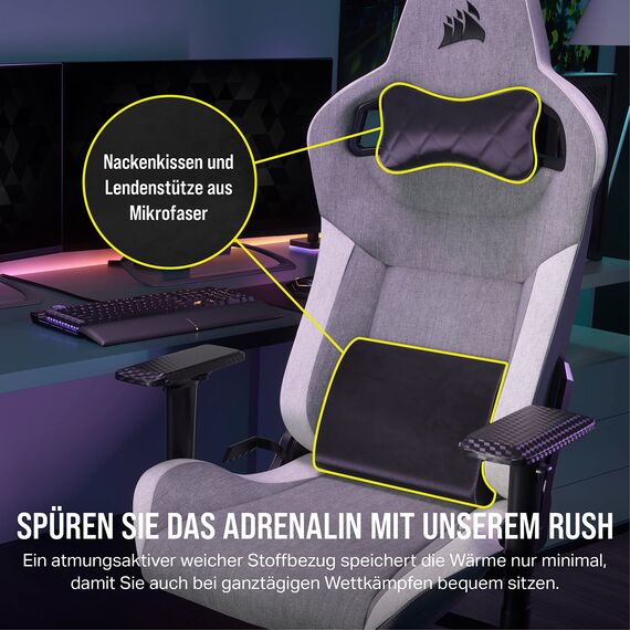 Corsair T3 RUSH Fabric (2023) Gaming Sessel - Inspiriert vom Automobilsport - Bezug aus weichem Stoff - Abnehmbares Nackenkissen und Lendenwirbelstütze aus Memory-Schaum - Grau und Weiß