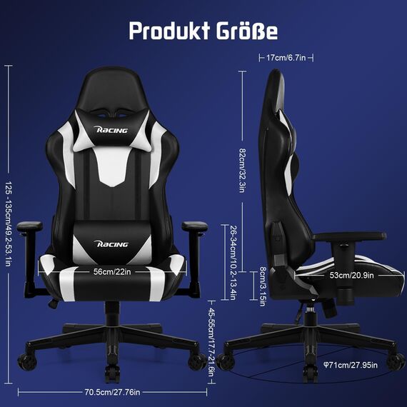 Homimaster Gaming Stuhl, Ergonomisch, Weiß, mit Lendenkissen, Kopfkissen und Armlehnen, Wippfunktion, 150 kg Belastbarkeit Weiss