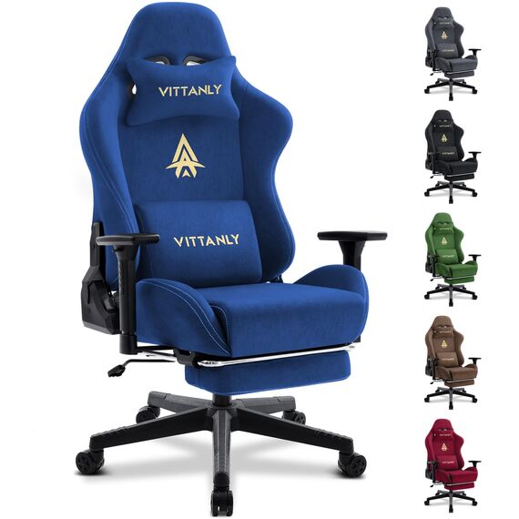 Vittanly Gaming Stuhl, Luxuriöser Wildlederimitat Gaming Chair Bürostuhl, Ergonomischer Schreibtischstuhl mit Fußstütze Kopfstütze und Lendenkissen, 3D Armlehnen, 90-155° Rückenlehne, Blau