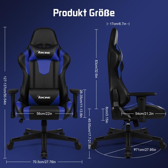 Homimaster Gaming Stuhl, Bürostuhl Ergonomisch mit verstellbare Lendenkissen, Kopfkissen und Armlehnen, Gaming Chair Gepolstert, Gamer Stuhl Wippfunktion, Gaming Stuhl 150 kg Belastbarkeit