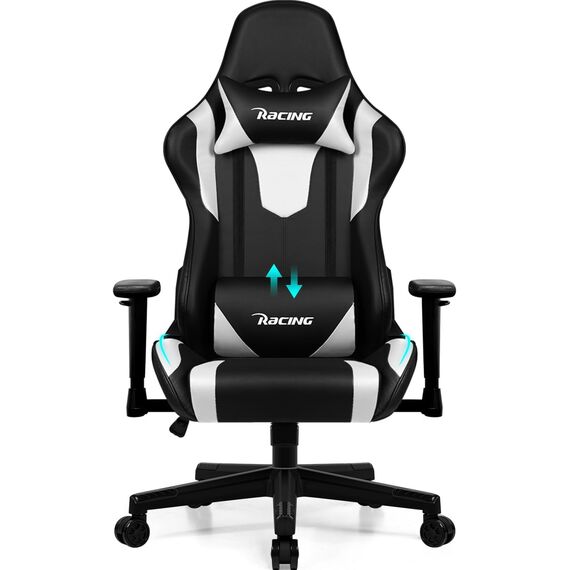 Homimaster Gaming Stuhl, Ergonomisch, Weiß, mit Lendenkissen, Kopfkissen und Armlehnen, Wippfunktion, 150 kg Belastbarkeit Weiss