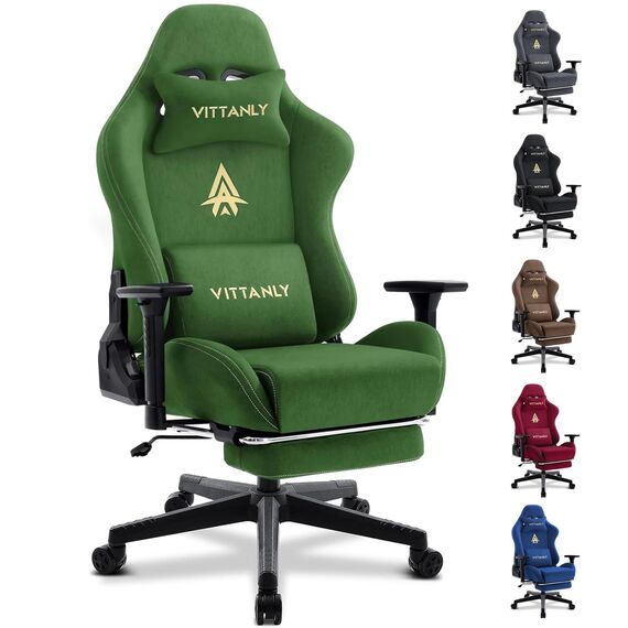 Vittanly Gaming Stuhl, Luxuriöser Wildlederimitat Gaming Chair Bürostuhl, Ergonomischer Schreibtischstuhl mit Fußstütze Kopfstütze und Lendenkissen, 3D Armlehnen, 90-155° Rückenlehne, Grün