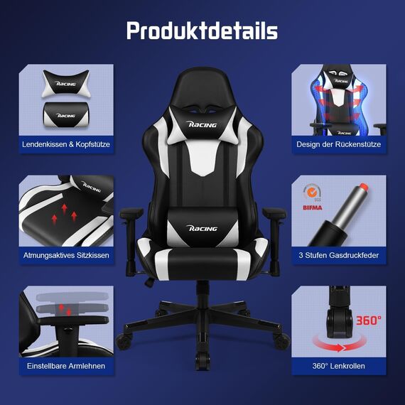 Homimaster Gaming Stuhl, Ergonomisch, Weiß, mit Lendenkissen, Kopfkissen und Armlehnen, Wippfunktion, 150 kg Belastbarkeit Weiss