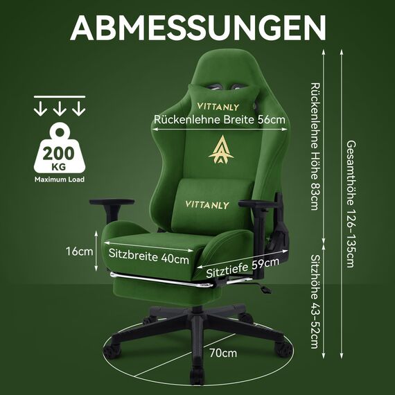 Vittanly Gaming Stuhl, Luxuriöser Wildlederimitat Gaming Chair Bürostuhl, Ergonomischer Schreibtischstuhl mit Fußstütze Kopfstütze und Lendenkissen, 3D Armlehnen, 90-155° Rückenlehne, Grün