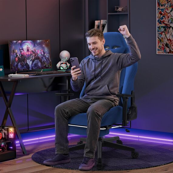 Vittanly Gaming Stuhl, Luxuriöser Wildlederimitat Gaming Chair Bürostuhl, Ergonomischer Schreibtischstuhl mit Fußstütze Kopfstütze und Lendenkissen, 3D Armlehnen, 90-155° Rückenlehne, Blau