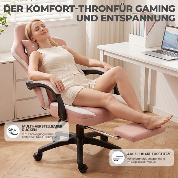 Dowinx Gaming Stuhl mit Taschenfederkissen, Verstellbarer Gaming Sessel mit Fußstütze, Ergonomischer Racing Gamer Stuhl 150 kg belastbarkeit, Rosa