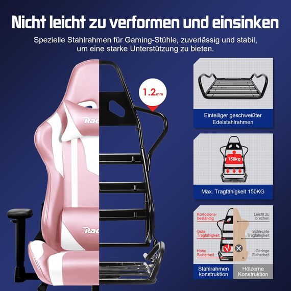 Homimaster Gaming Stuhl, Bürostuhl Ergonomisch mit verstellbare Lendenkissen, Kopfkissen und Armlehnen,Gaming Chair Gepolstert,Gamer Stuhl Wippfunktion, Schreibtischstuhl Gaming Stuhl 150 kg, Rosa