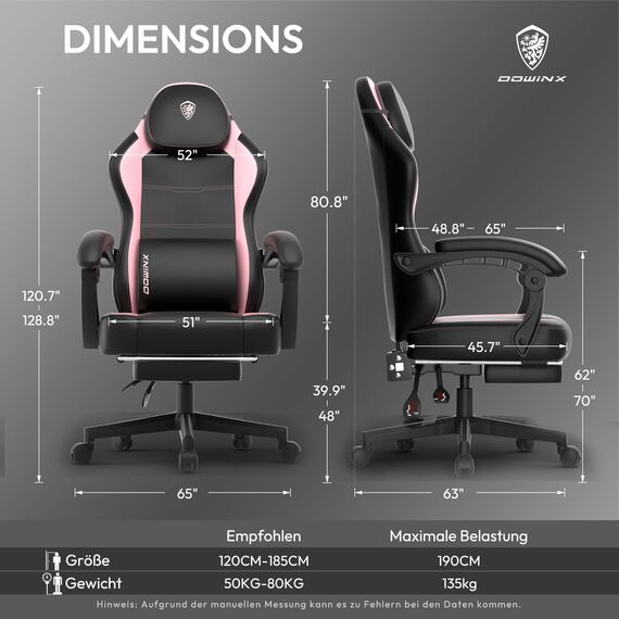 Dowinx Gaming Stuhl, Ergonomischer Gamer Sessel aus PU-Leder mit Lendenwirbelstütze, PC-Stuhl mit verbreiterter Rückenlehne, Belastbar bis 150 kg, Rosa