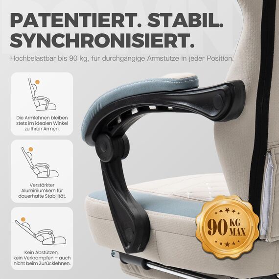 Dowinx Gaming Stuhl Stoff Bürostuhl mit Taschenfederkissen, Verstellbarer Gamer Stuhl mit Kopfstütze, Ergonomische Racing Gaming Sessel mit Fußstütze (Grau)
