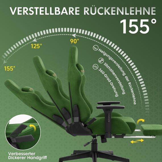 Vittanly Gaming Stuhl, Luxuriöser Wildlederimitat Gaming Chair Bürostuhl, Ergonomischer Schreibtischstuhl mit Fußstütze Kopfstütze und Lendenkissen, 3D Armlehnen, 90-155° Rückenlehne, Grün
