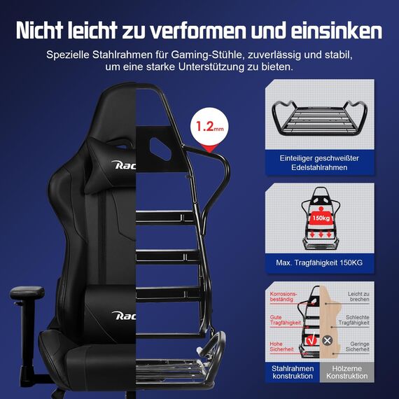 Homimaster Gaming Stuhl Ergonomisch, Schwarz, mit Lendenkissen, Kopfkissen und Armlehnen, Wippfunktion, 150 kg Belastbarkeit, Schwarz