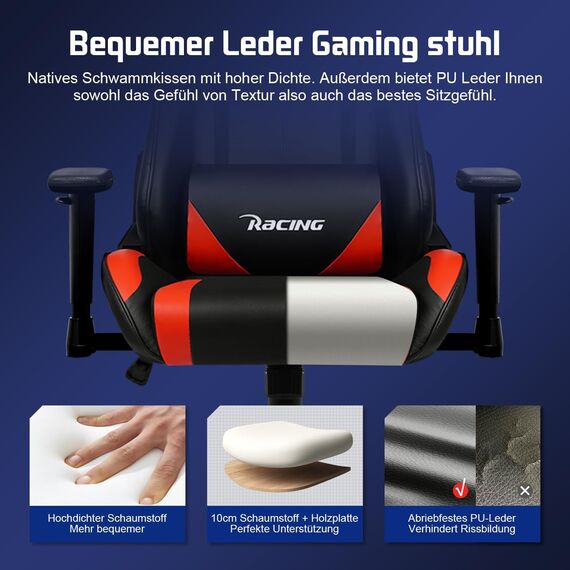 Homimaster Gaming Stuhl, Bürostuhl mit verstellbare Lendenkissen, Kopfkissen und Armlehnen, Gaming Chair 150kg, Gepolstert Gamer Stuhl Wippfunktion,Gaming Stuhl 150 kg Belastbarkeit, Rot
