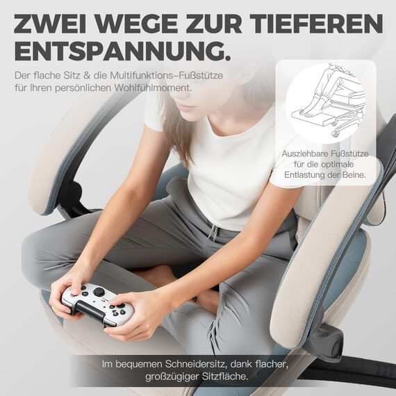 Dowinx Gaming Stuhl Stoff Bürostuhl mit Taschenfederkissen, Verstellbarer Gamer Stuhl mit Kopfstütze, Ergonomische Racing Gaming Sessel mit Fußstütze (Grau)