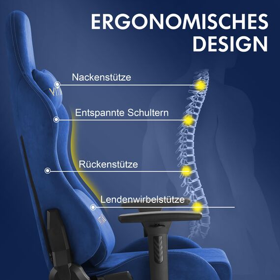 Vittanly Gaming Stuhl, Luxuriöser Wildlederimitat Gaming Chair Bürostuhl, Ergonomischer Schreibtischstuhl mit Fußstütze Kopfstütze und Lendenkissen, 3D Armlehnen, 90-155° Rückenlehne, Blau