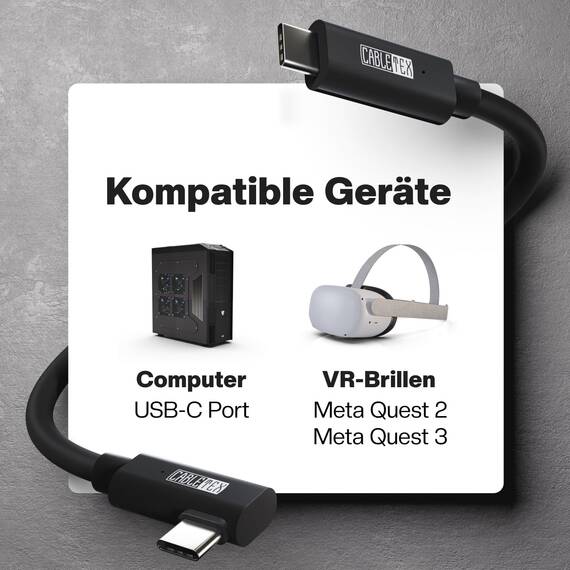 CABLETEX 5m Link Kabel für Meta Quest 3, Oculus Quest 2, PICO 4, PSVR2, Steam VR – USB 3.2 USB C Kabel für VR Headset und Gaming PC, 5 Gbit/s Datenübertragung