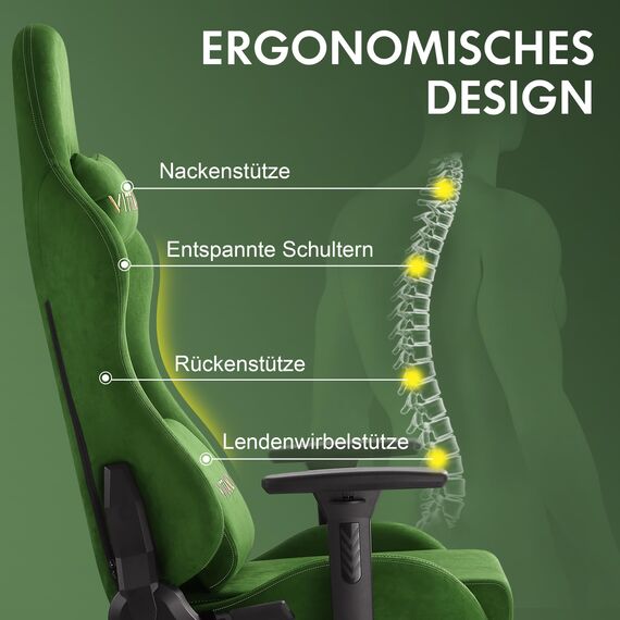 Vittanly Gaming Stuhl, Luxuriöser Wildlederimitat Gaming Chair Bürostuhl, Ergonomischer Schreibtischstuhl mit Fußstütze Kopfstütze und Lendenkissen, 3D Armlehnen, 90-155° Rückenlehne, Grün