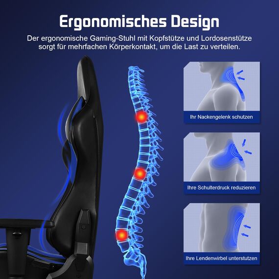 Homimaster Gaming Stuhl, Bürostuhl Ergonomisch mit verstellbare Lendenkissen, Kopfkissen und Armlehnen, Gaming Chair Gepolstert, Gamer Stuhl Wippfunktion, Gaming Stuhl 150 kg Belastbarkeit