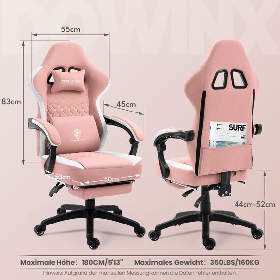 Dowinx Gaming Stuhl mit Taschenfederkissen, Verstellbarer Gaming Sessel mit Fußstütze, Ergonomischer Racing Gamer Stuhl 150 kg belastbarkeit, Rosa