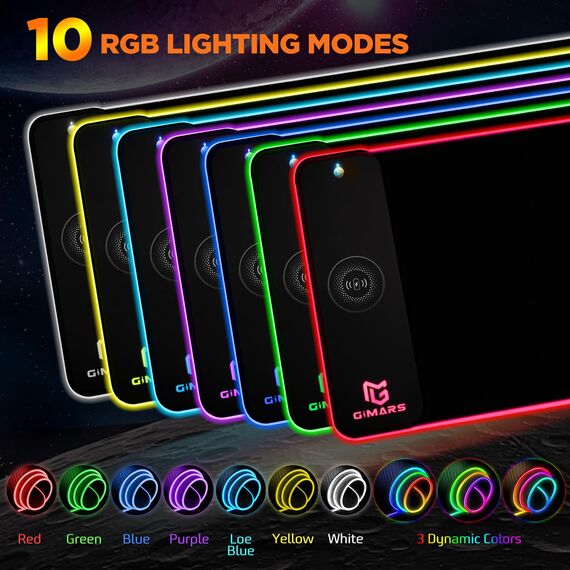 Gimars Upgrade Gaming Mauspad RGB, 15W Kabelloser Schnellladung, 800x300x5mm, Mousepad XXL mit 10 Farben LED-Licht, Groß LED Mouse Pad Gaming Zubehör mit Glatter Oberfläche, Rutschfester Gummifuß
