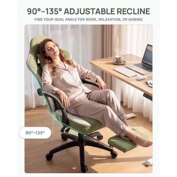 Dowinx Gaming Stuhl Stoff mit Taschenfederkissen, Verstellbarer Gaming Sessel mit Fußstütze, Ergonomischer PC Stuhl Gamer Stuhl Bürostuhl 150 kg belastbarkeit, Grün