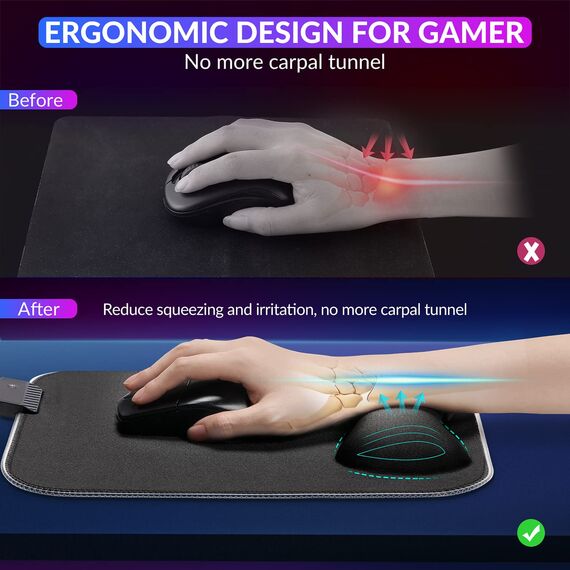 Gimars RGB Mauspad Gaming mit Handauflage, 305x254mm Großes Gelkissen Mouspad mit 10 LED-Beleuchtungsmodi, Ergonomisches Gaming Zubehör Mauspads mit rutschfestem Gummiboden für Laptop, Computer