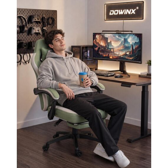Dowinx Gaming Stuhl Stoff mit Taschenfederkissen, Verstellbarer Gaming Sessel mit Fußstütze, Ergonomischer PC Stuhl Gamer Stuhl Bürostuhl 150 kg belastbarkeit, Grün