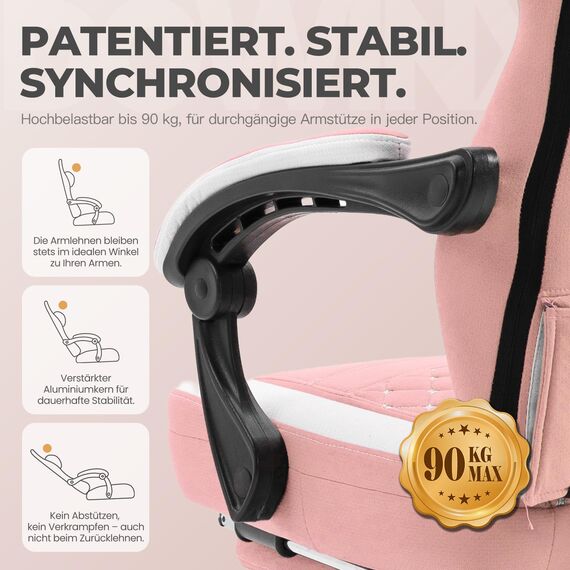 Dowinx Gaming Stuhl mit Taschenfederkissen, Verstellbarer Gaming Sessel mit Fußstütze, Ergonomischer Racing Gamer Stuhl 150 kg belastbarkeit, Rosa