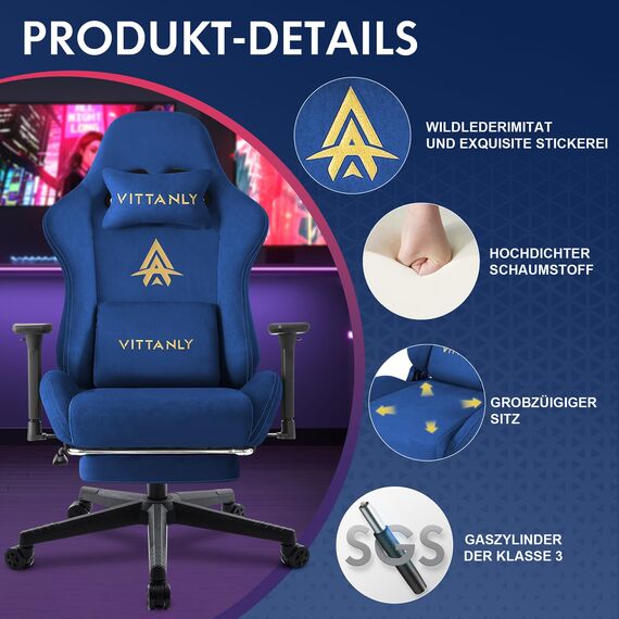 Vittanly Gaming Stuhl, Luxuriöser Wildlederimitat Gaming Chair Bürostuhl, Ergonomischer Schreibtischstuhl mit Fußstütze Kopfstütze und Lendenkissen, 3D Armlehnen, 90-155° Rückenlehne, Blau