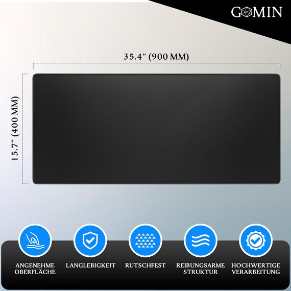 Gomin XXL Gaming Mauspad 900 x 400 mm, Großes Mousepad rutschfest und Wasserdicht, ohne störendes Logo verbessert Präzision und Geschwindigkeit, Tischunterlage XXL ideal für Büro und Gaming, Schwarz