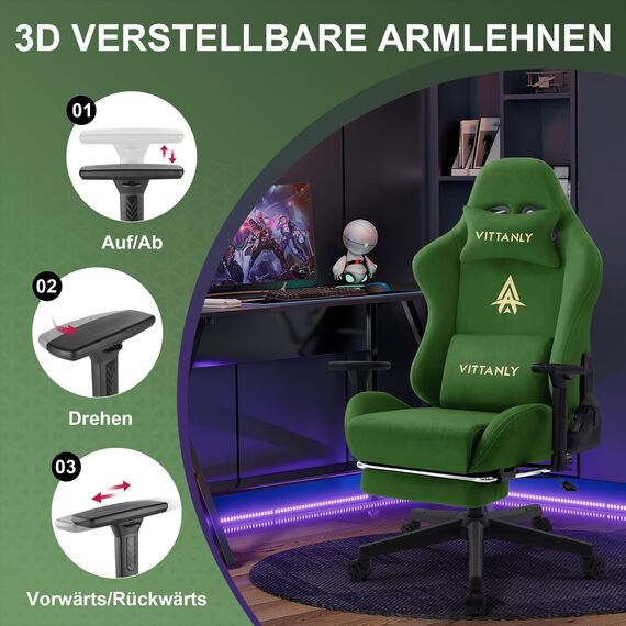 Vittanly Gaming Stuhl, Luxuriöser Wildlederimitat Gaming Chair Bürostuhl, Ergonomischer Schreibtischstuhl mit Fußstütze Kopfstütze und Lendenkissen, 3D Armlehnen, 90-155° Rückenlehne, Grün
