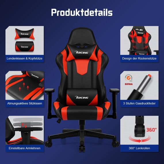 Homimaster Gaming Stuhl, Bürostuhl mit verstellbare Lendenkissen, Kopfkissen und Armlehnen, Gaming Chair 150kg, Gepolstert Gamer Stuhl Wippfunktion,Gaming Stuhl 150 kg Belastbarkeit, Rot