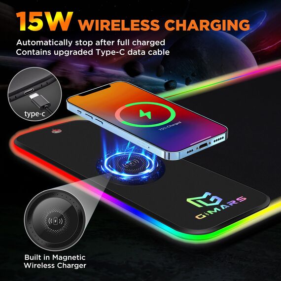 Gimars Upgrade Gaming Mauspad RGB, 15W Kabelloser Schnellladung, 800x300x5mm, Mousepad XXL mit 10 Farben LED-Licht, Groß LED Mouse Pad Gaming Zubehör mit Glatter Oberfläche, Rutschfester Gummifuß