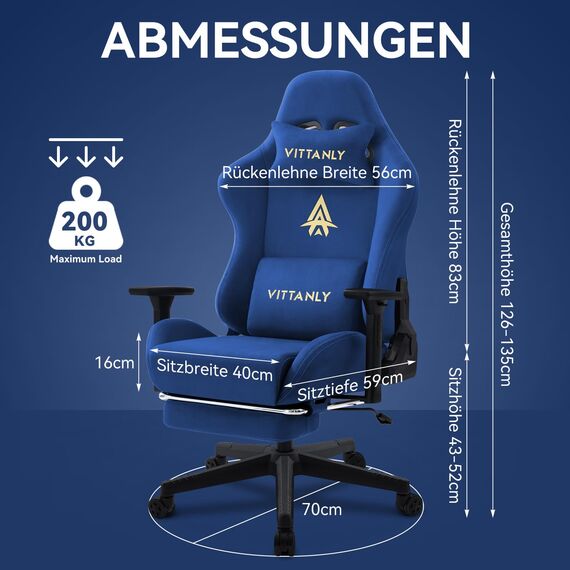 Vittanly Gaming Stuhl, Luxuriöser Wildlederimitat Gaming Chair Bürostuhl, Ergonomischer Schreibtischstuhl mit Fußstütze Kopfstütze und Lendenkissen, 3D Armlehnen, 90-155° Rückenlehne, Blau
