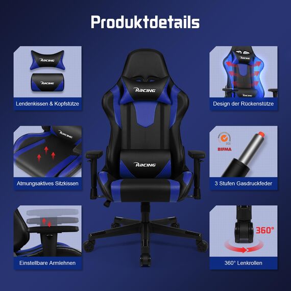 Homimaster Gaming Stuhl, Bürostuhl Ergonomisch mit verstellbare Lendenkissen, Kopfkissen und Armlehnen, Gaming Chair Gepolstert, Gamer Stuhl Wippfunktion, Gaming Stuhl 150 kg Belastbarkeit