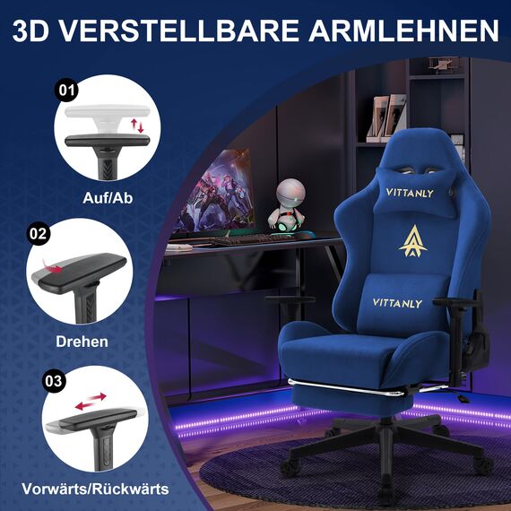 Vittanly Gaming Stuhl, Luxuriöser Wildlederimitat Gaming Chair Bürostuhl, Ergonomischer Schreibtischstuhl mit Fußstütze Kopfstütze und Lendenkissen, 3D Armlehnen, 90-155° Rückenlehne, Blau