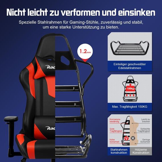 Homimaster Gaming Stuhl, Bürostuhl mit verstellbare Lendenkissen, Kopfkissen und Armlehnen, Gaming Chair 150kg, Gepolstert Gamer Stuhl Wippfunktion,Gaming Stuhl 150 kg Belastbarkeit, Rot