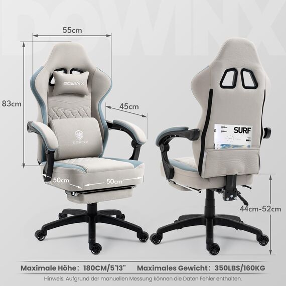 Dowinx Gaming Stuhl Stoff Bürostuhl mit Taschenfederkissen, Verstellbarer Gamer Stuhl mit Kopfstütze, Ergonomische Racing Gaming Sessel mit Fußstütze (Grau)