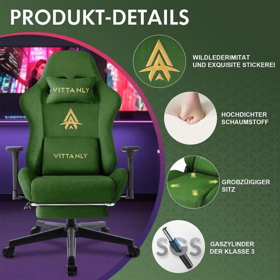 Vittanly Gaming Stuhl, Luxuriöser Wildlederimitat Gaming Chair Bürostuhl, Ergonomischer Schreibtischstuhl mit Fußstütze Kopfstütze und Lendenkissen, 3D Armlehnen, 90-155° Rückenlehne, Grün