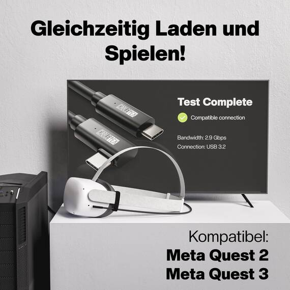 CABLETEX 5m Link Kabel für Meta Quest 3, Oculus Quest 2, PICO 4, PSVR2, Steam VR – USB 3.2 USB C Kabel für VR Headset und Gaming PC, 5 Gbit/s Datenübertragung
