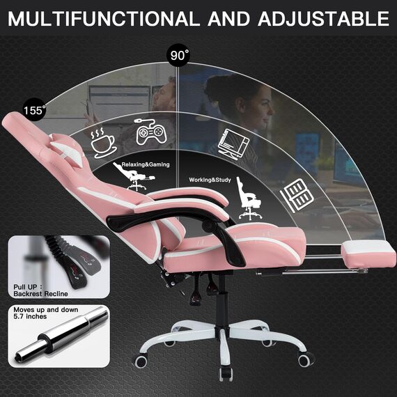 Gaming-Stuhl, ergonomischer Gaming-Stuhl, Computerstühle mit Kopf- und Lendenwirbelstütze, höhenverstellbare, drehbare PC-Stühle, pink-weiß