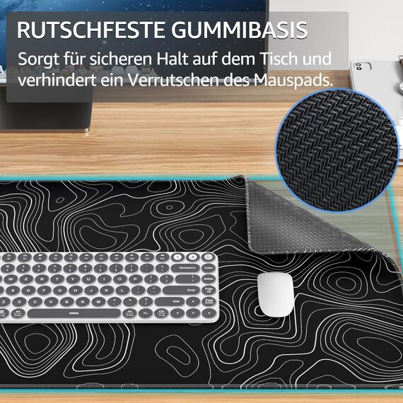KTRIO XXL Gaming Mauspad 800x400mm, Großes Mousepad verbessert Präzision und Geschwindigkeit Gummiunterseite, Schreibtischunterlage für Gamer & Büro, Topographie Schwarz