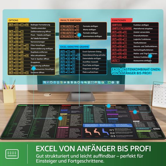 KTRIO Excel Shortcuts Mousepad Deutsch XXL 800x400mm, Großes Mauspad Excel-Tastenkombinationen, Schreibtischunterlage mit Gummiunterseite für Büro & Zuhause
