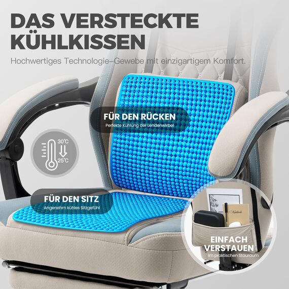 Dowinx Gaming Stuhl Stoff Bürostuhl mit Taschenfederkissen, Verstellbarer Gamer Stuhl mit Kopfstütze, Ergonomische Racing Gaming Sessel mit Fußstütze (Grau)