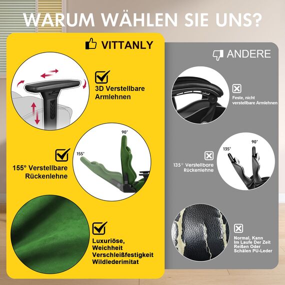 Vittanly Gaming Stuhl, Luxuriöser Wildlederimitat Gaming Chair Bürostuhl, Ergonomischer Schreibtischstuhl mit Fußstütze Kopfstütze und Lendenkissen, 3D Armlehnen, 90-155° Rückenlehne, Grün