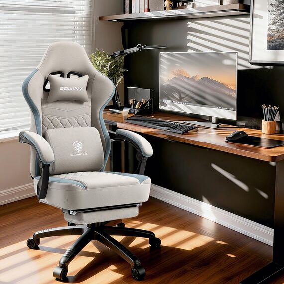 Dowinx Gaming Stuhl Stoff Bürostuhl mit Taschenfederkissen, Verstellbarer Gamer Stuhl mit Kopfstütze, Ergonomische Racing Gaming Sessel mit Fußstütze (Grau)