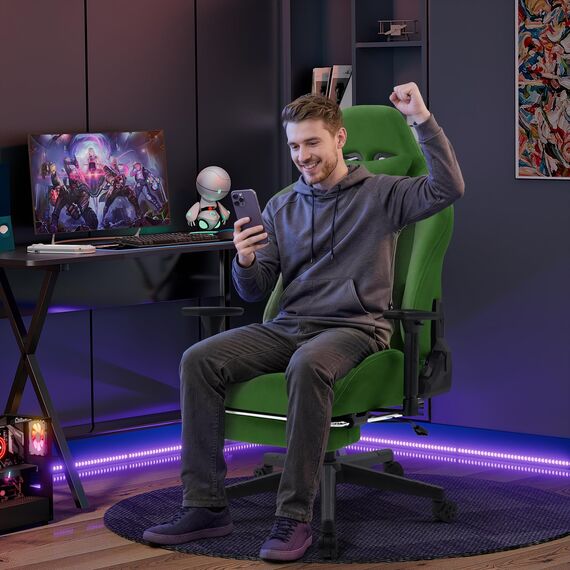 Vittanly Gaming Stuhl, Luxuriöser Wildlederimitat Gaming Chair Bürostuhl, Ergonomischer Schreibtischstuhl mit Fußstütze Kopfstütze und Lendenkissen, 3D Armlehnen, 90-155° Rückenlehne, Grün