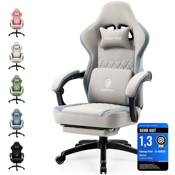 Dowinx Gaming Stuhl Stoff Bürostuhl mit Taschenfederkissen, Verstellbarer Gamer Stuhl mit Kopfstütze, Ergonomische Racing Gaming Sessel mit Fußstütze (Grau)
