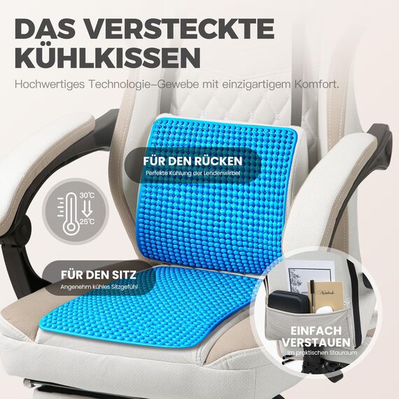 Dowinx Gaming-Stuhl Stoff mit Ausziehbare und Klappbare Fußstütze, Ergonomischer Bürostuhl mit Gelkissen und Taschenfederkissen, Verstellbarer Gaming Sessel Gamer Chair für Erwachsene Beige